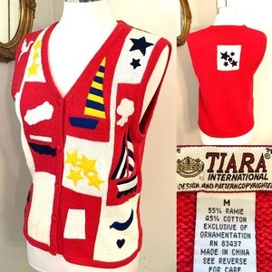 Vintage Tiara Nautical Sweater vest Sailboats novelty Stars Coastal grandma